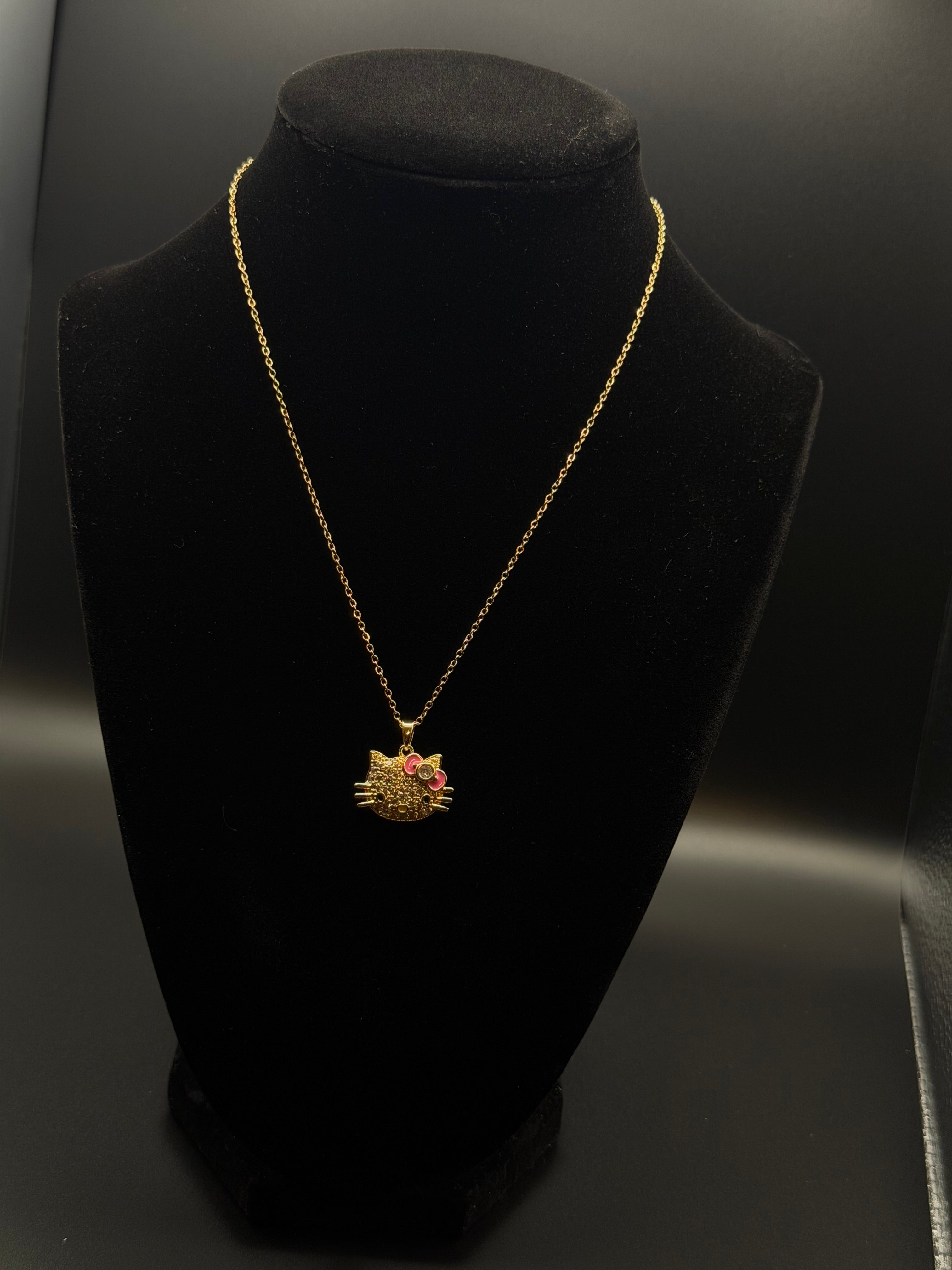 Pink Bow Crystal Kitty Necklace
