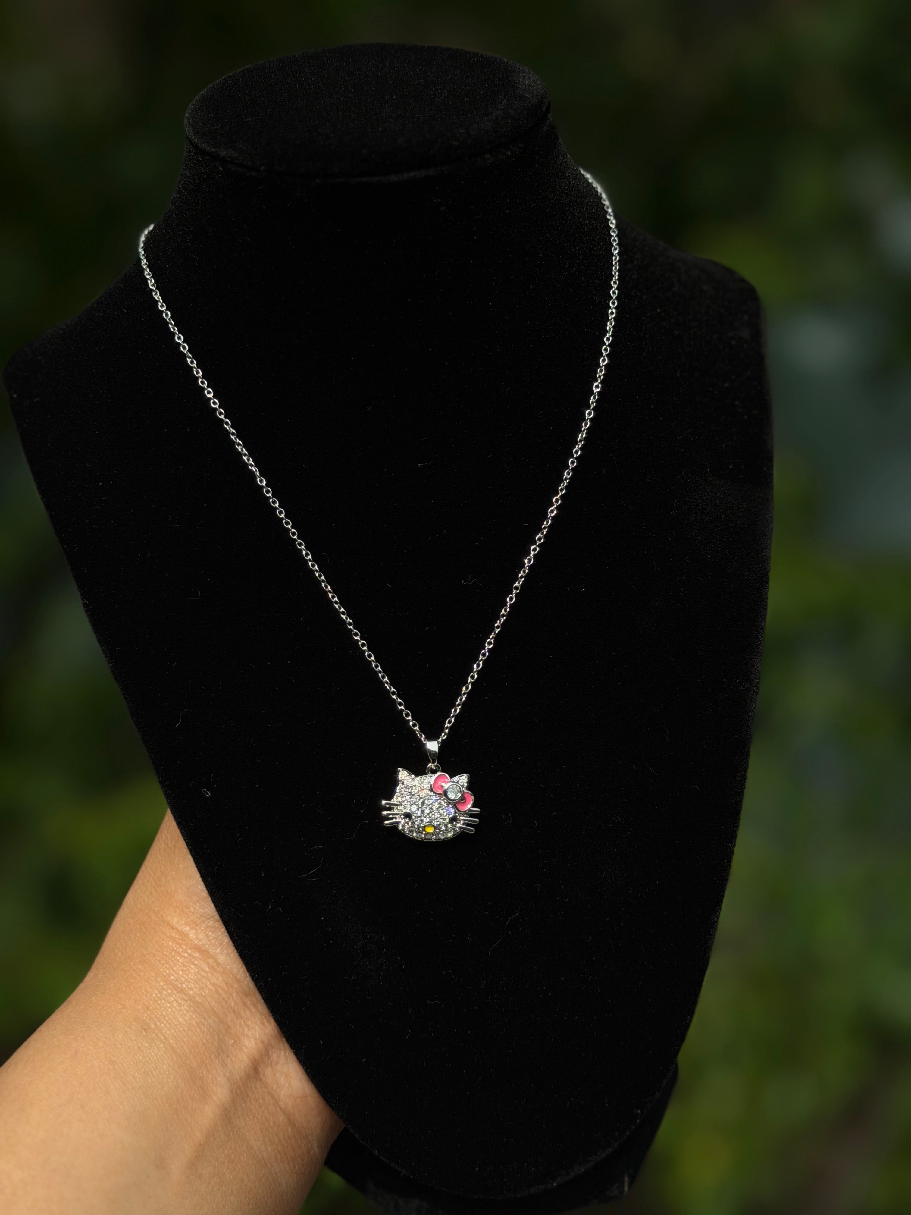 Pink Bow Crystal Kitty Necklace