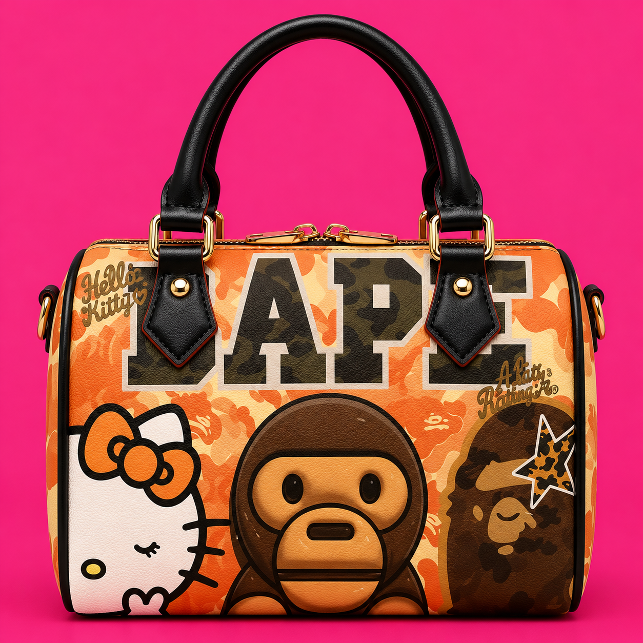 Hello Kitty × BAPE Orange Camo Duffle Bag